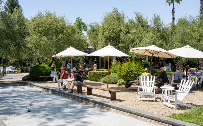 Guests relax beside a pool on a shaded outdoor patio.